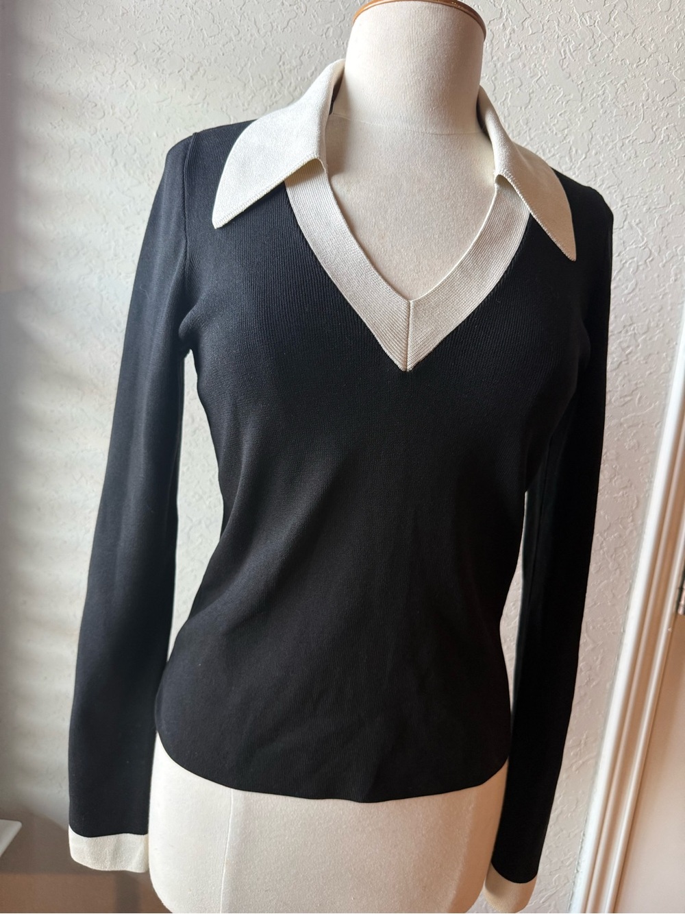Express Black V-Neck Sweater with Cream Collar and Cuff